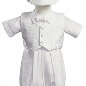 Baby Boy White Poly Cotton Christening Baptism Romper Set with Vest and Hat